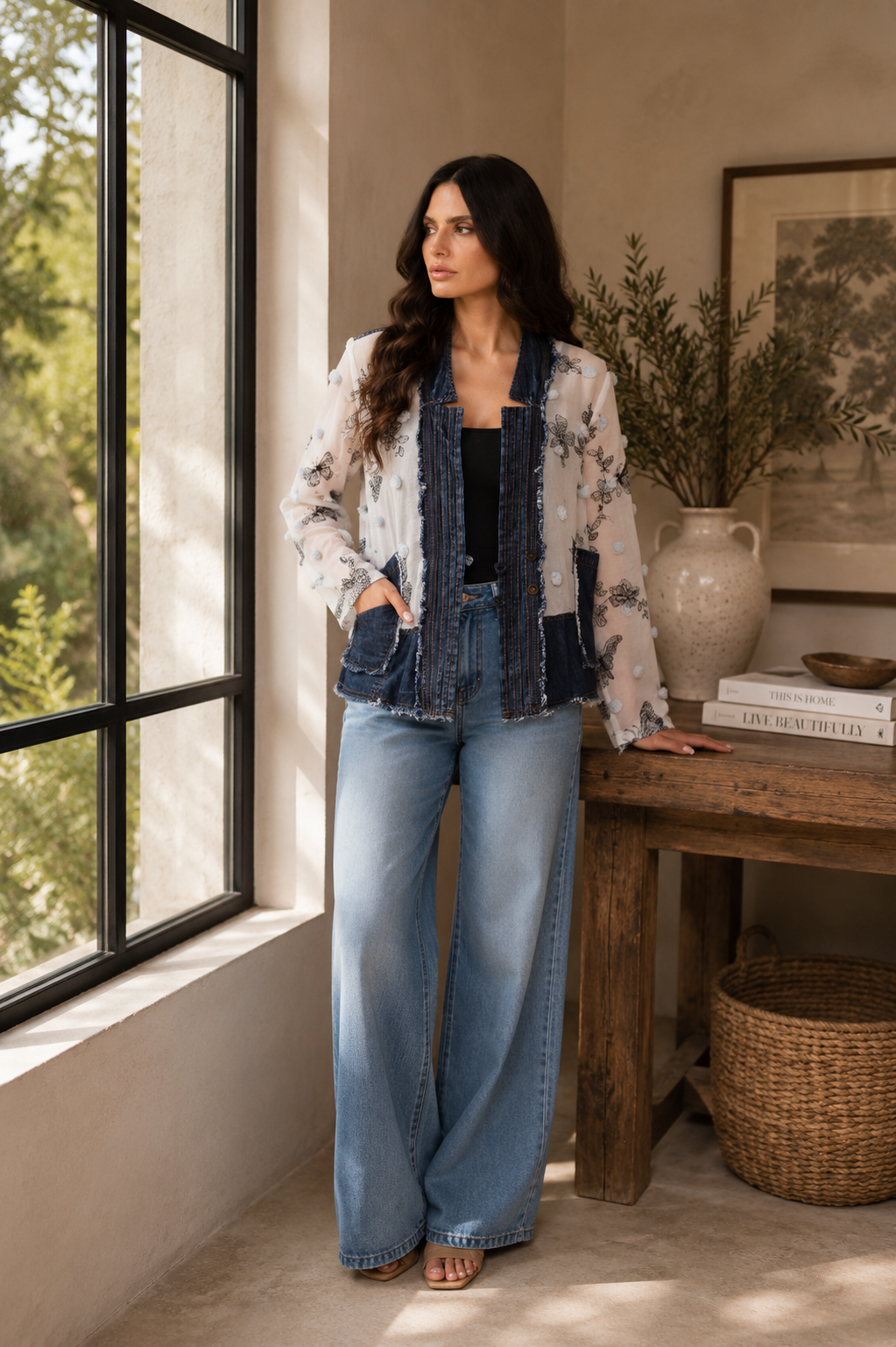 Chiffon Embroidered Jacket with Denim Trim