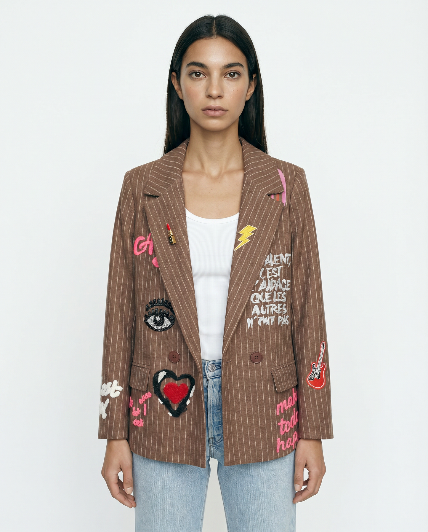 Striped Blazer with Embroidered Inscriptions – MJ84076: Navy Blue / L