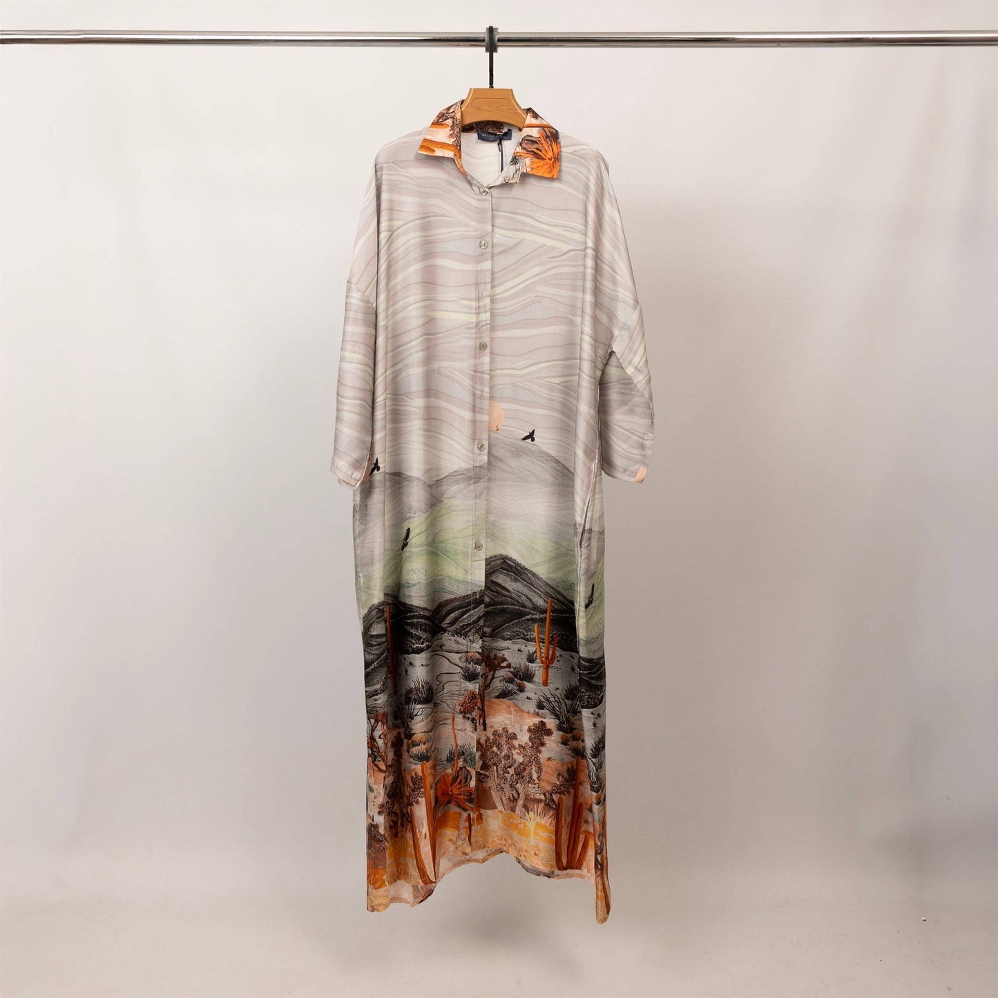 Long satin desert landscape print dress – KD9316VS-34: Sky Blue