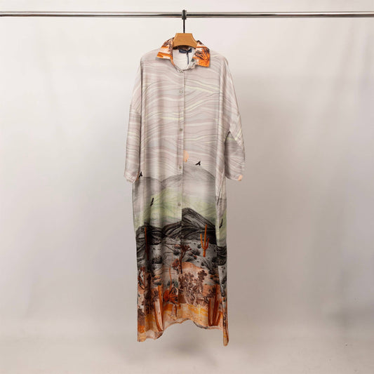 Long satin desert landscape print dress – KD9316VS-34: Black/orange
