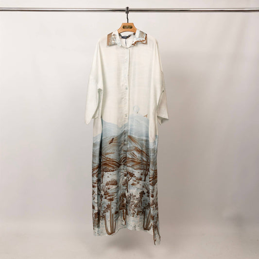 Long satin desert landscape print dress : Sky Blue