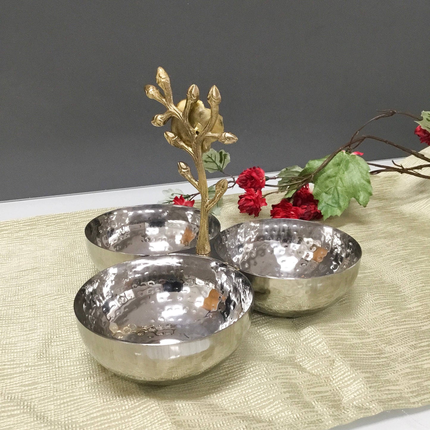 Hammered 3-Section Bowl w/ Gold Floral Handle