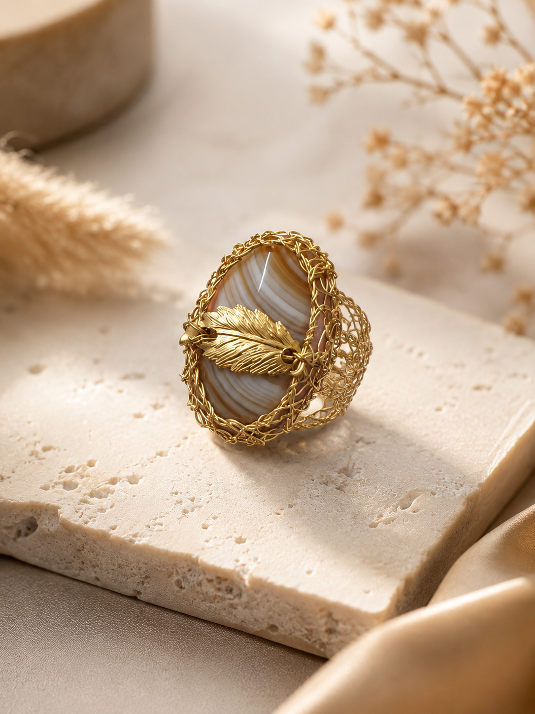 Striped Agate Leaf Statement Ring