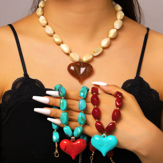 Heart Pendant Beaded Necklace: 1 / One Size