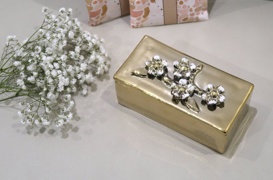 Oblong Gold Decorative Box With Flower Design Lid: Flower