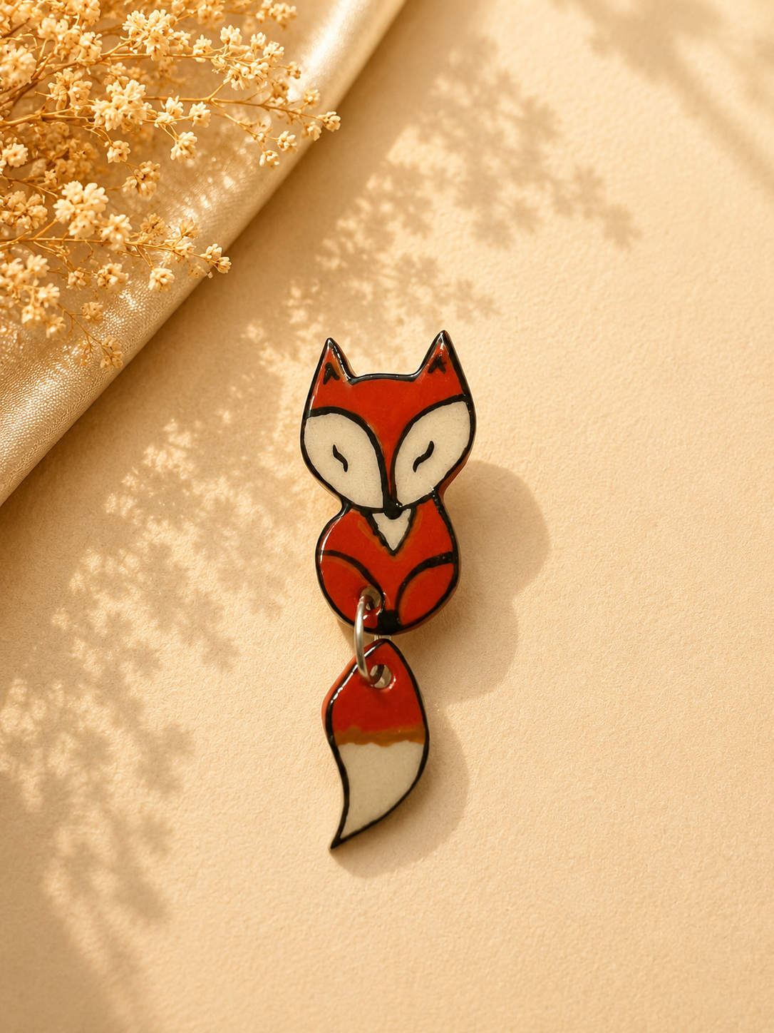 Playful Fox Ceramic Brooch with Dangling Tail
