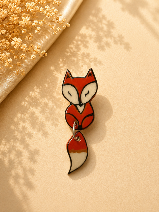 Playful Fox Ceramic Brooch with Dangling Tail
