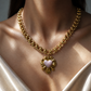 Gold Sunburst Heart Necklace | Vintage Enamel Statement Jewelry: Green