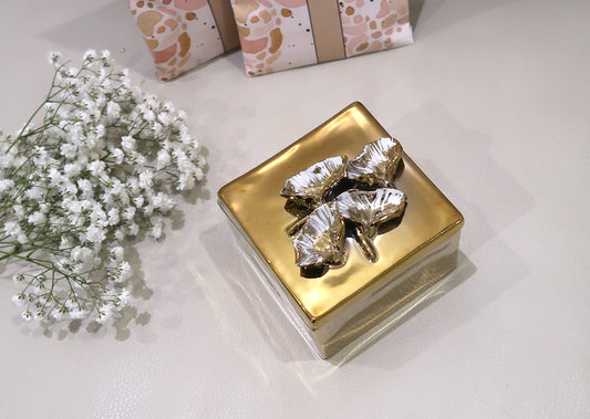 Square Gold Decorative Box With Flower Design on the Lid: Floral