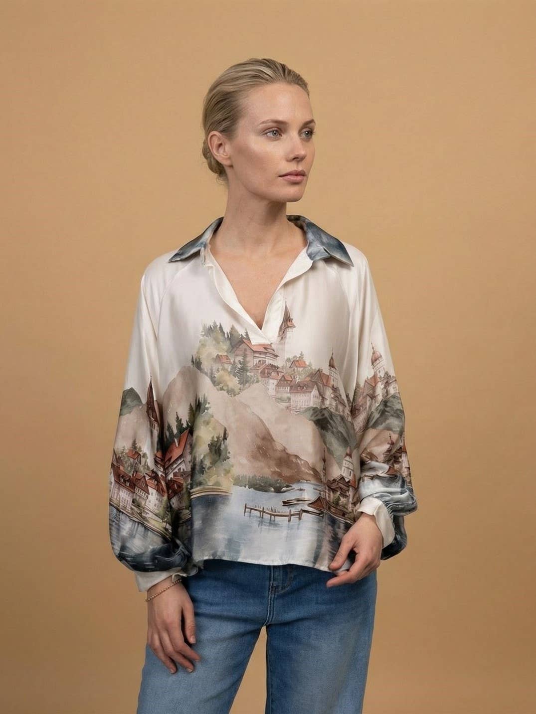 Satin landscape print tunic – KD7365VS-32: Khaki
