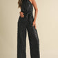 Feather Sequin Jumpsuit: Black