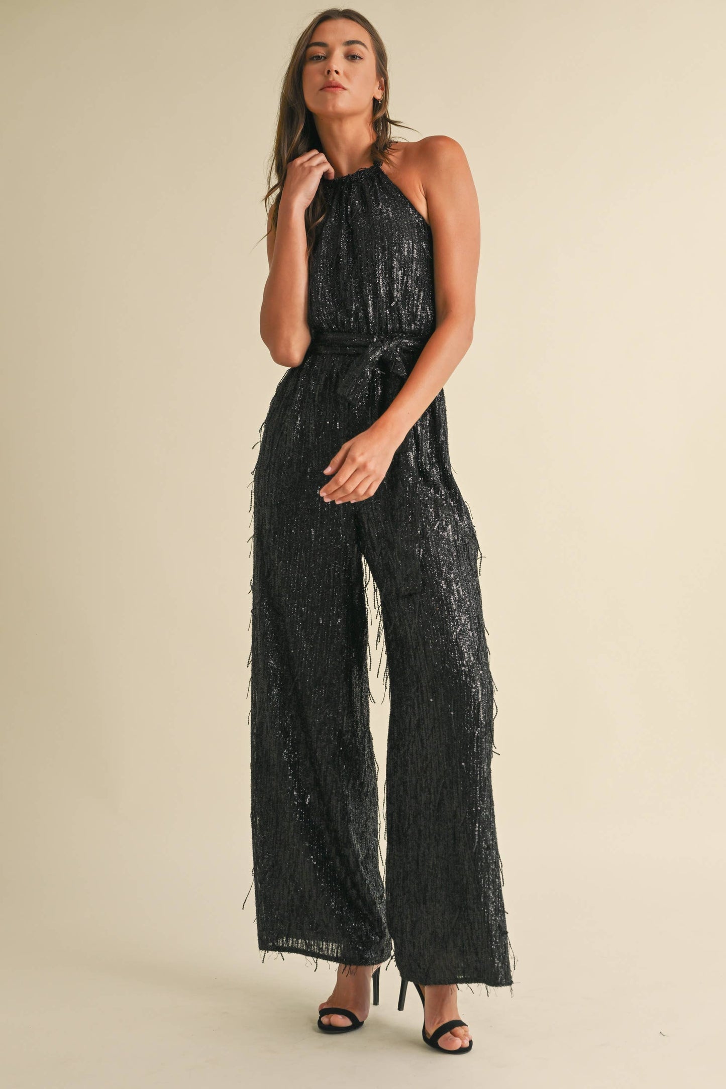 Feather Sequin Jumpsuit: Black