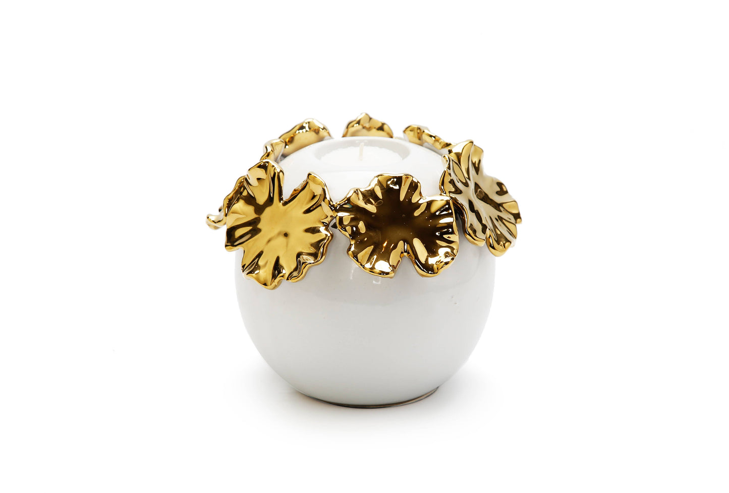White Ceramic Candle Holder Gold Flower Design: Small