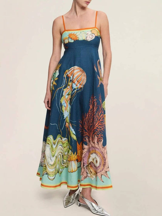 Sciacca Marine life printed Swing Style strappy sundress: DarkBlue