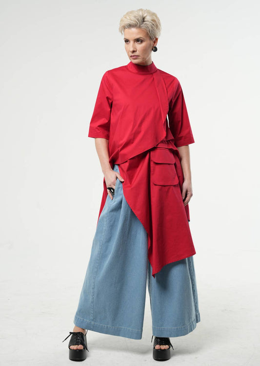Asymmetric Tunic Shirt In Red: Red / XL