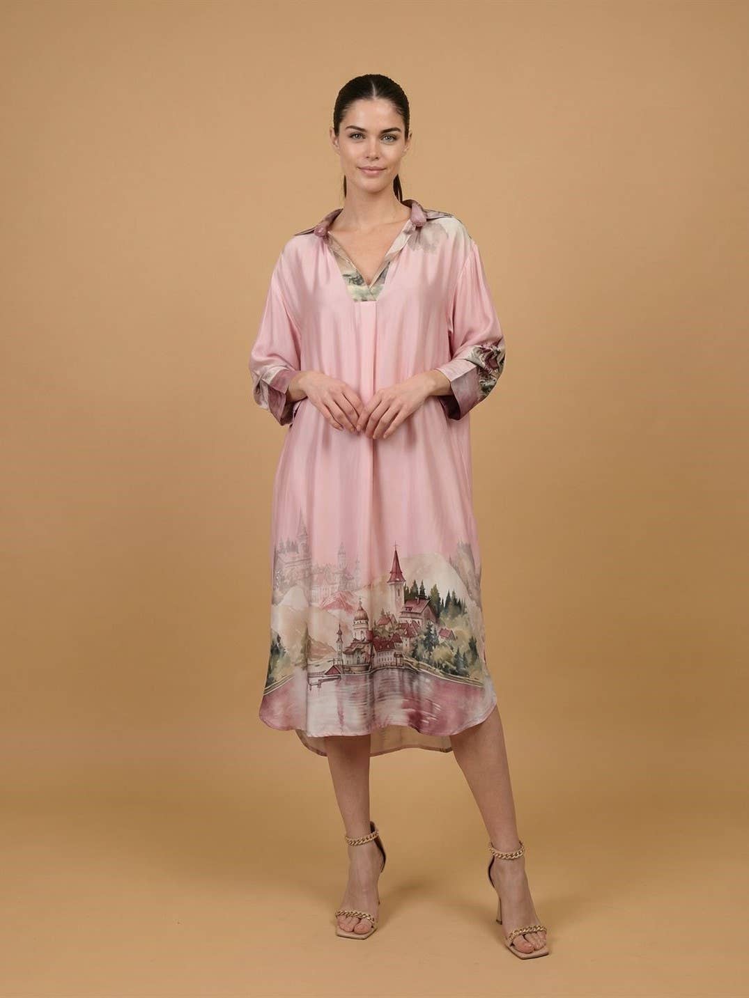 Long satin landscape print dress – KD6120VS-32: Navy Blue