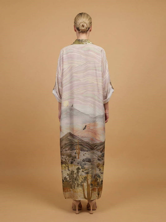 Long satin desert landscape print dress : Black/orange