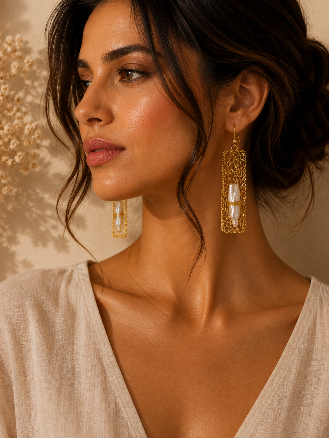 Baroque Freshwater Pearl Golden Mesh Earrings
