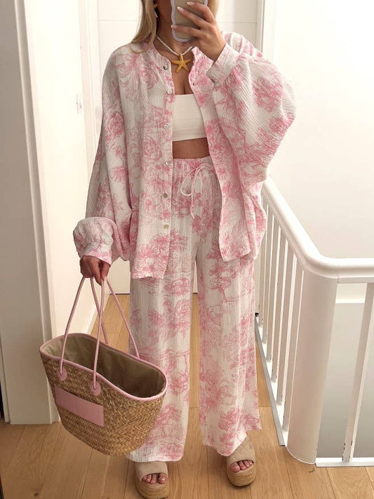 Lantern Sleeve Button Shirt Drawstring Pants Lounge Set: White