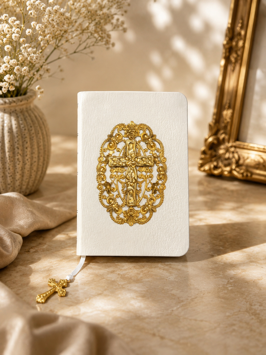 Leatherette Baby Bible W/Ornate Cross: White