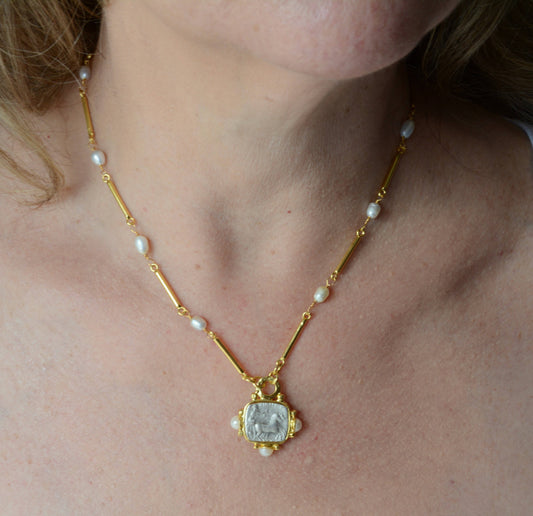 Gold plated Roman Coin necklace with pearl accents
