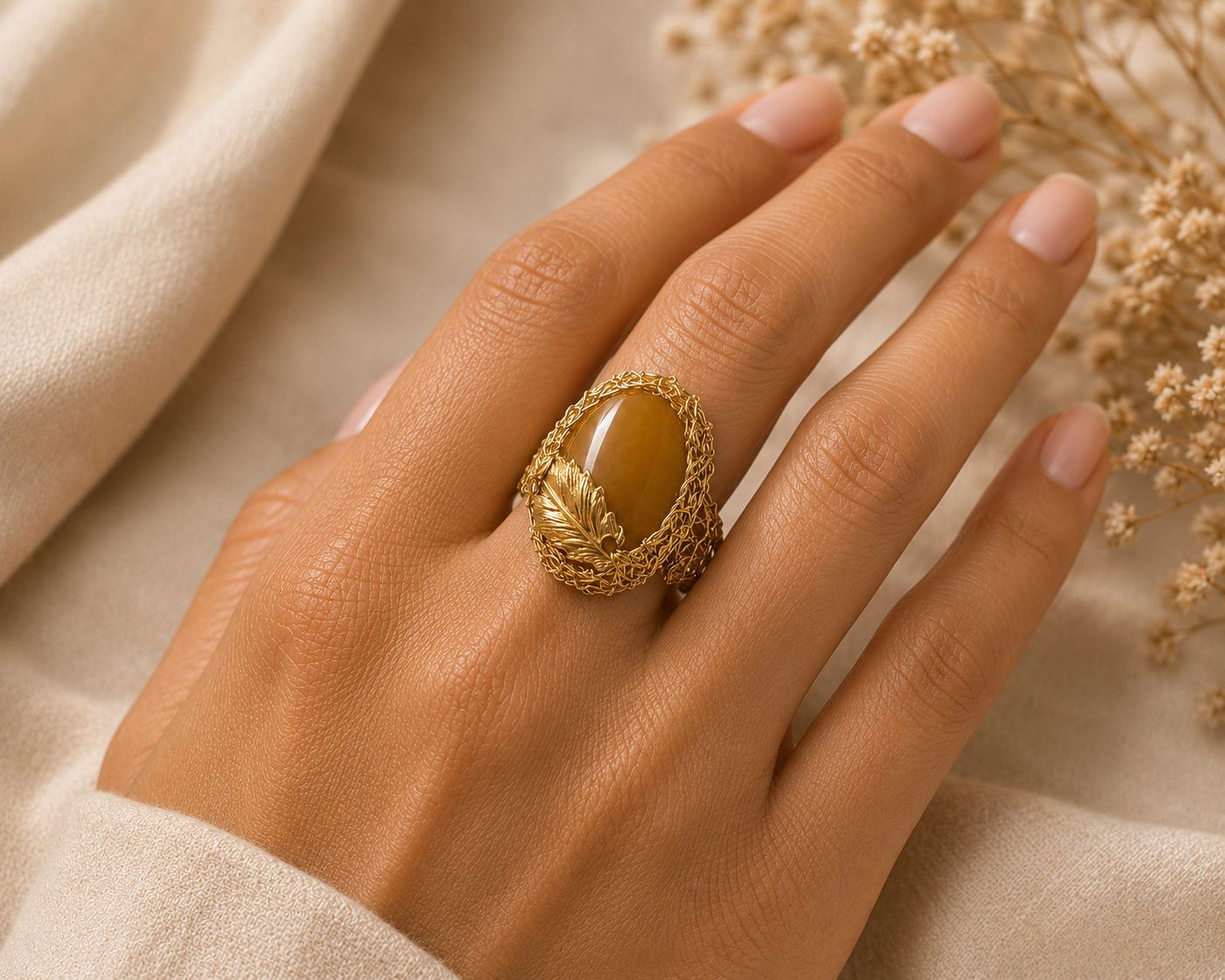 Golden Amber Leaf Ring
