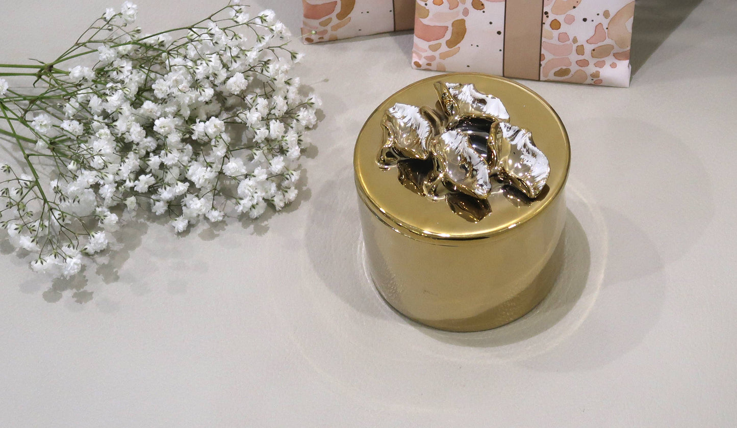 Round Gold Decorative Box With Flower Design Lid: Side Flower