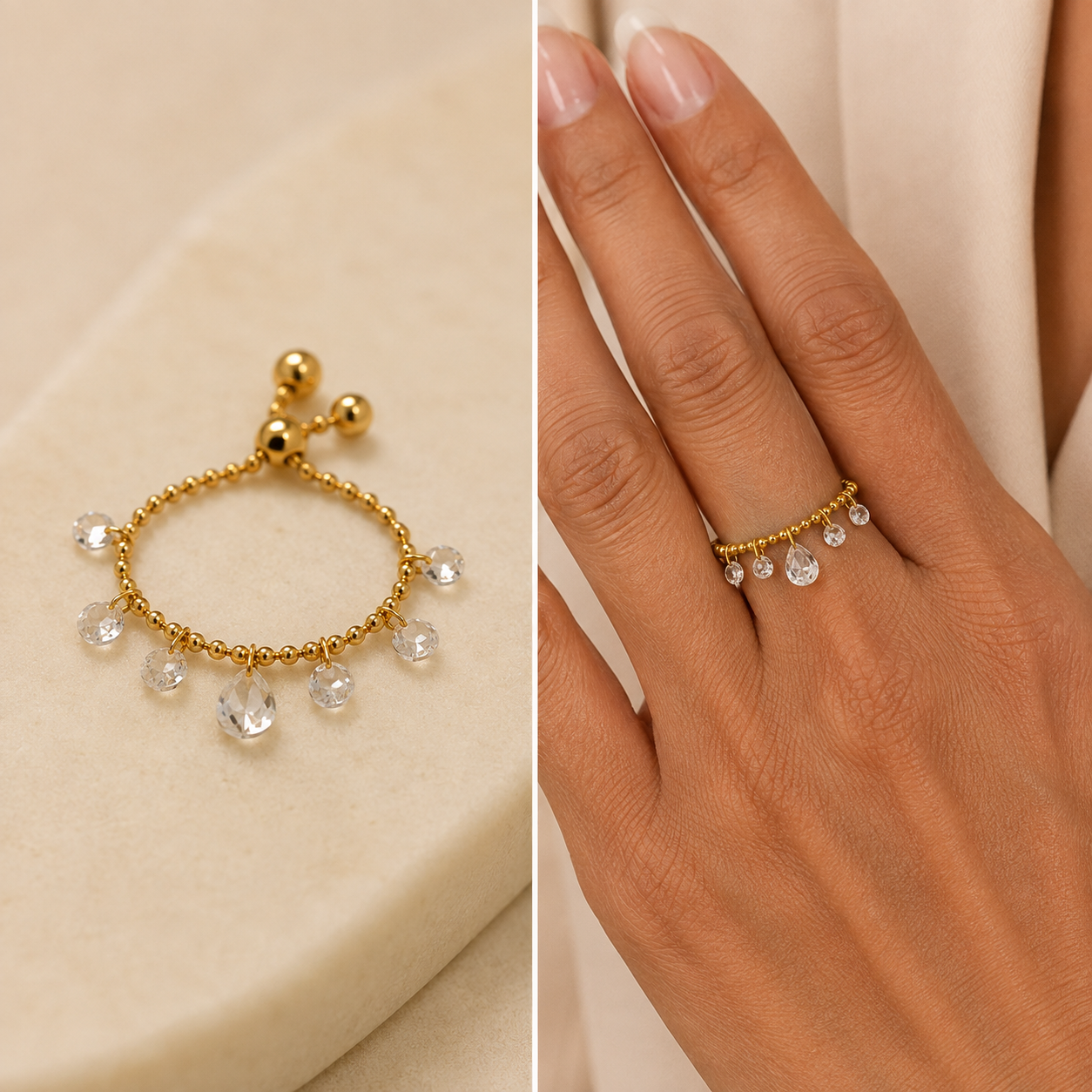 Crystal Cascade Adjustable Charm Ring