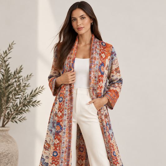 Heritage Antique Rug-Inspired Belted Kaftan Robe — Ivory Spice