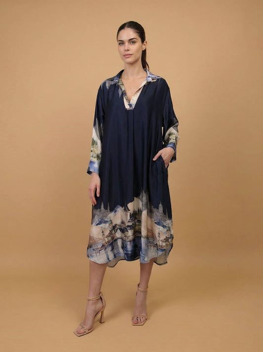 Long satin landscape print dress : Navy Blue
