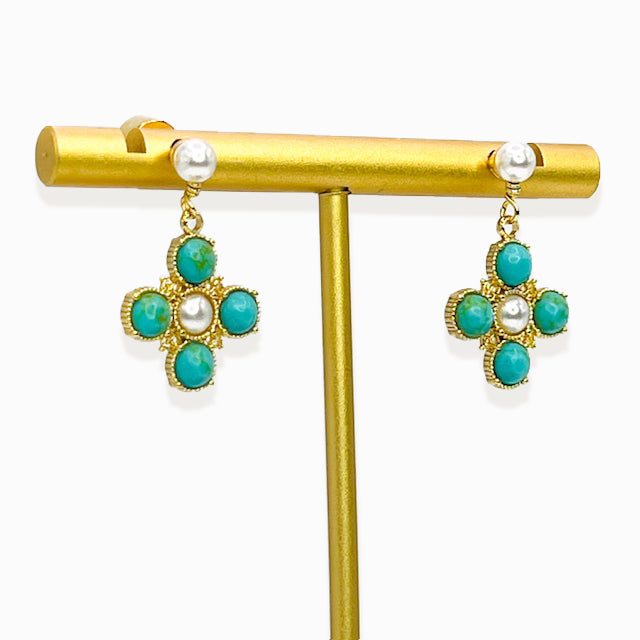 Turquoise Pearl Glory Cross Drop Earrings