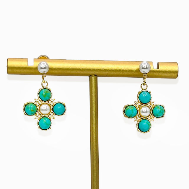 Turquoise Pearl Glory Cross Drop Earrings