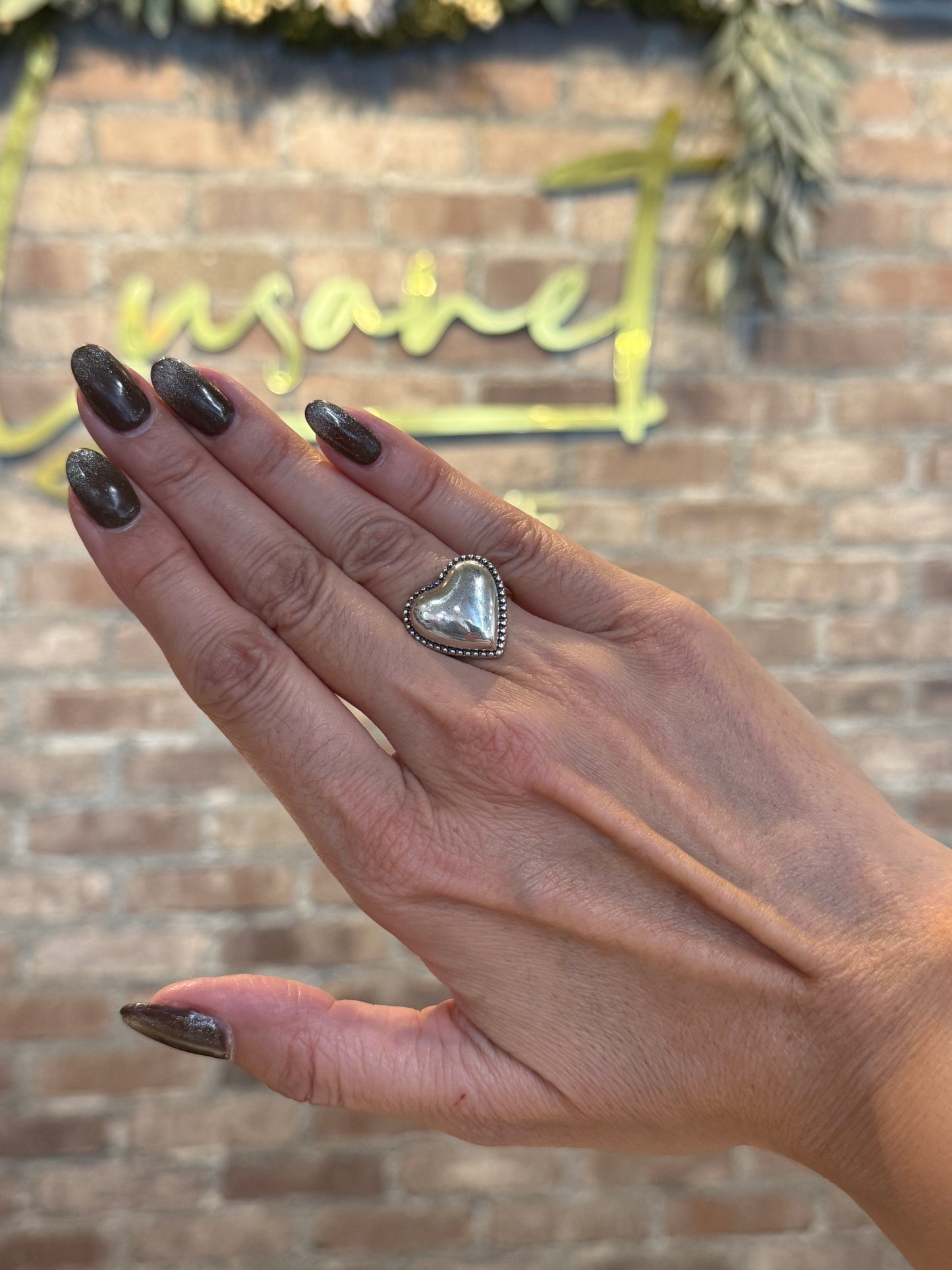 Medium Silver Beaded Heart Ring