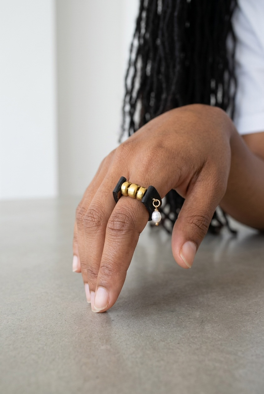Pearl and Gold Leather Ring