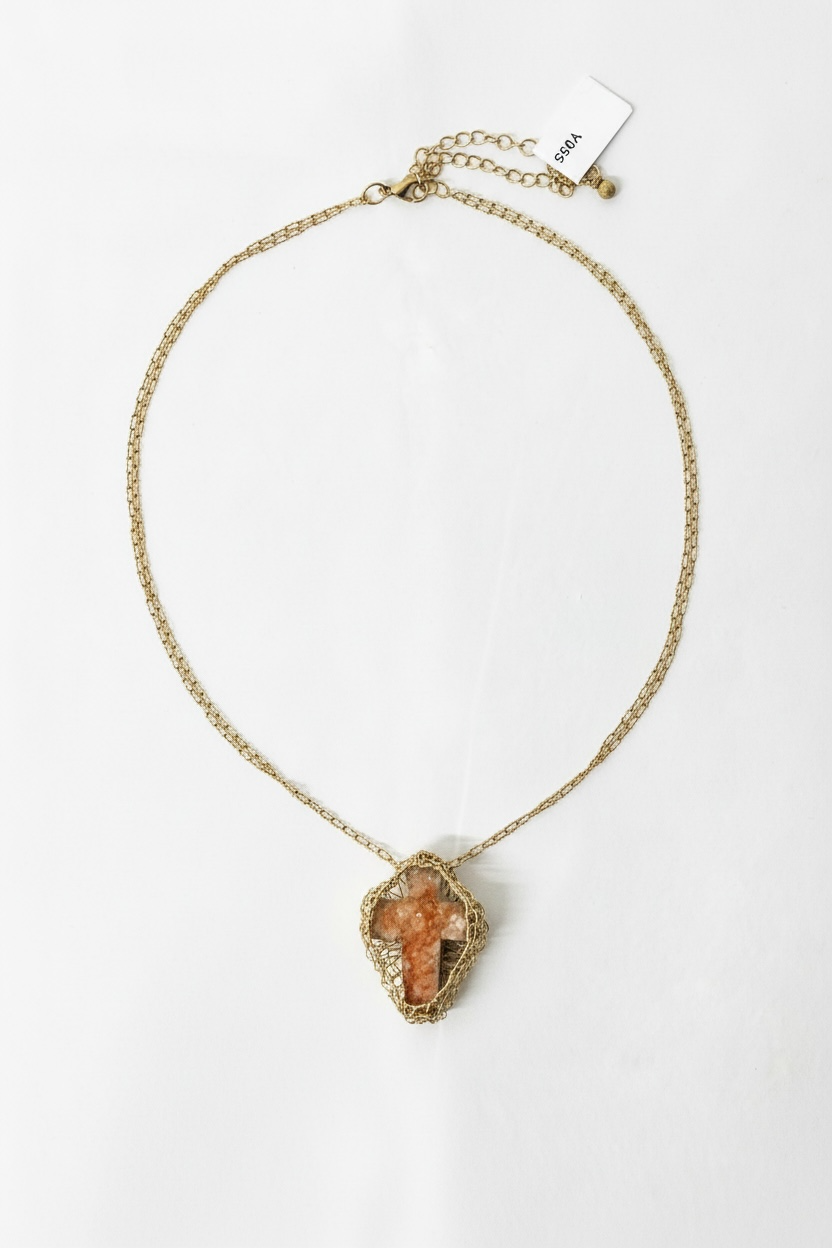 Agate Cross Necklace with18k gold-filled wirework