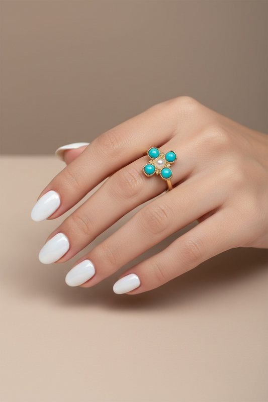 Turquoise Pearl Glory Cross Ring