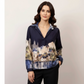 Satin landscape print tunic : Navy Blue