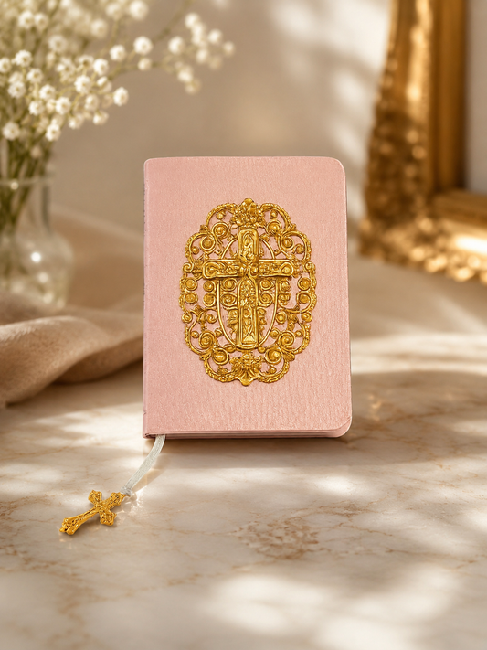 Leatherette Baby Bible W/Ornate Cross: Pink