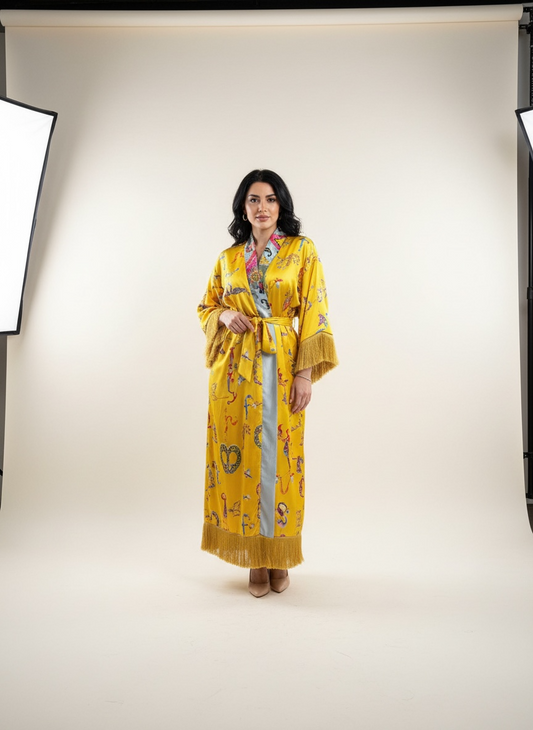 Yellow Armenian Alphabet Silk Robe