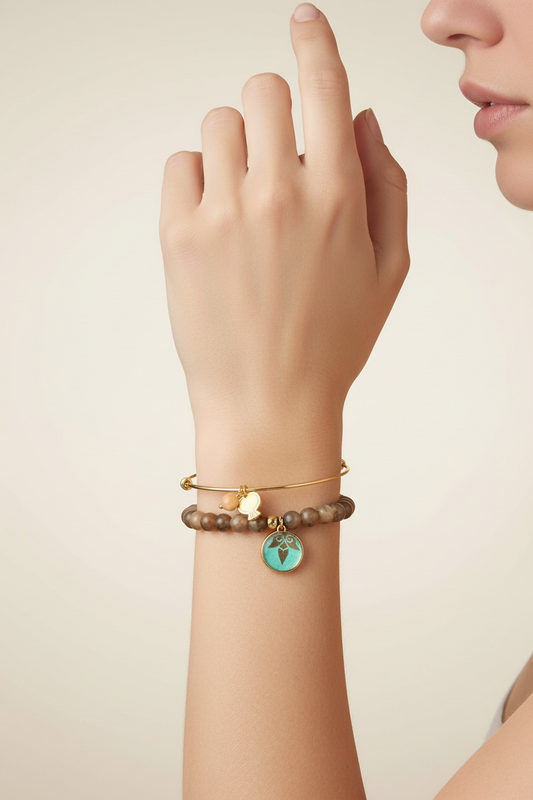Brown Beaded Bracelet with Turquoise Patina Ornamental Charm