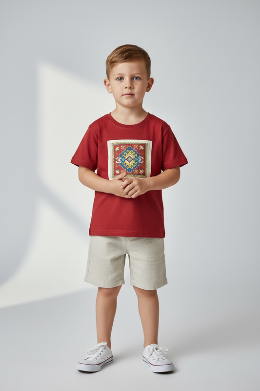 Red T-Shirt with Armenian Rug Design