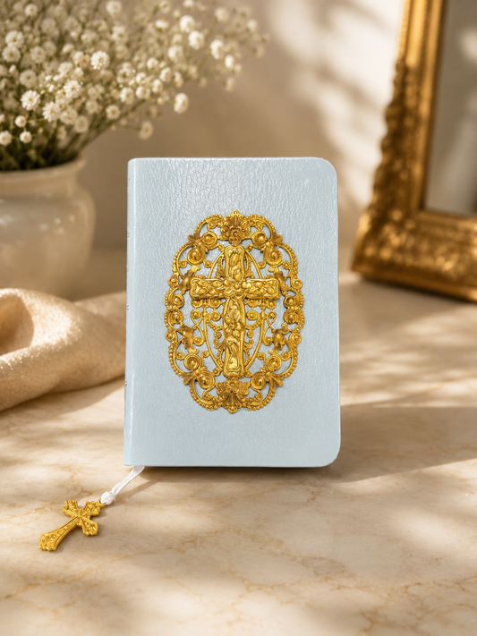 Leatherette Baby Bible W/Ornate Cross: Blue