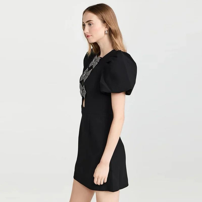 Black Mini Dress with Puffy Sleeves and Rhinestone Bows
