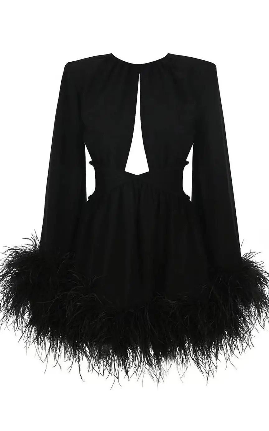 Feathered Elegance: Black Cutout Mini Dress for Holiday Glam