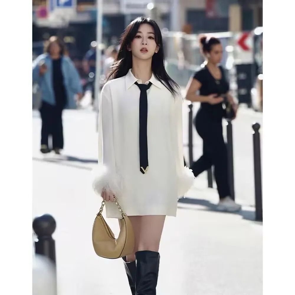 White Shirt Dress with Loose Black Tie & Collar