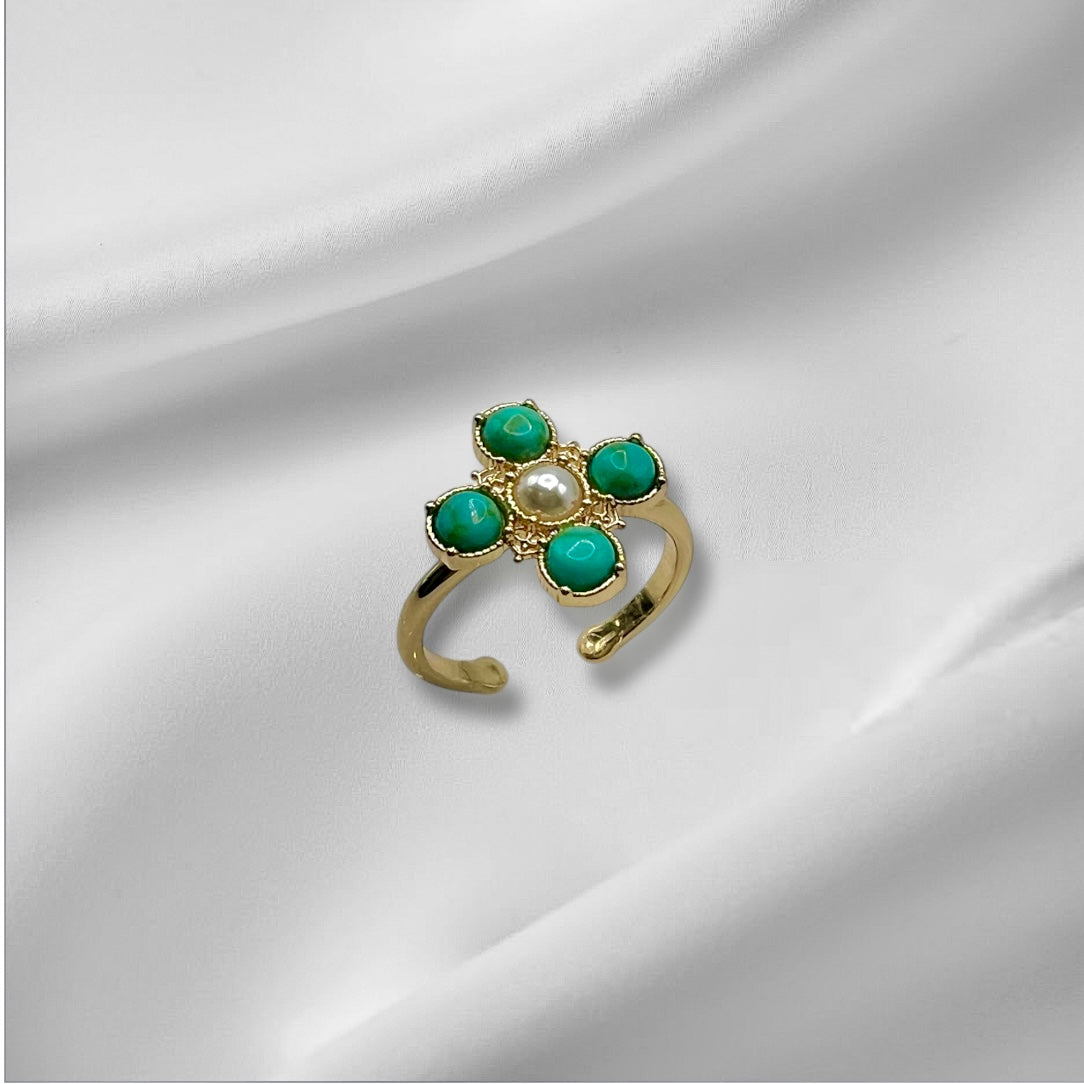 Turquoise Pearl Glory Cross Ring