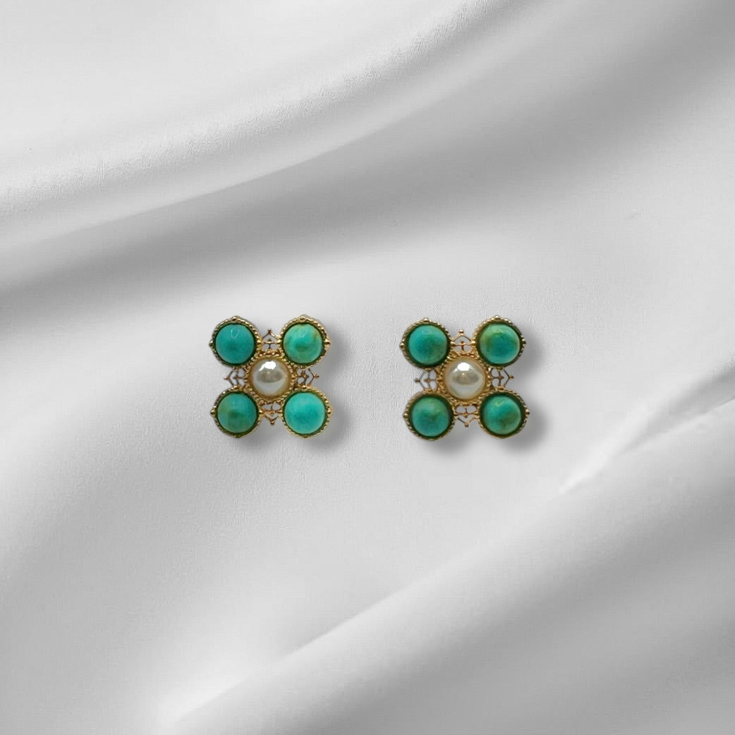 Turquoise Pearl Glory Cross Stud Earrings