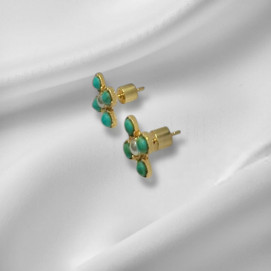 Turquoise Pearl Glory Cross Stud Earrings