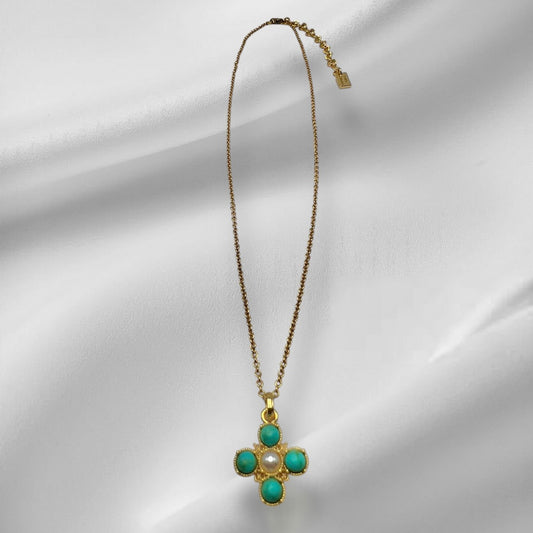 Turquoise Pearl Glory Cross Necklace