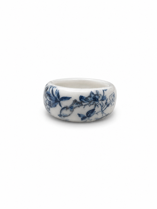 Handmade White & Blue Porcelain Floral Statement Ring